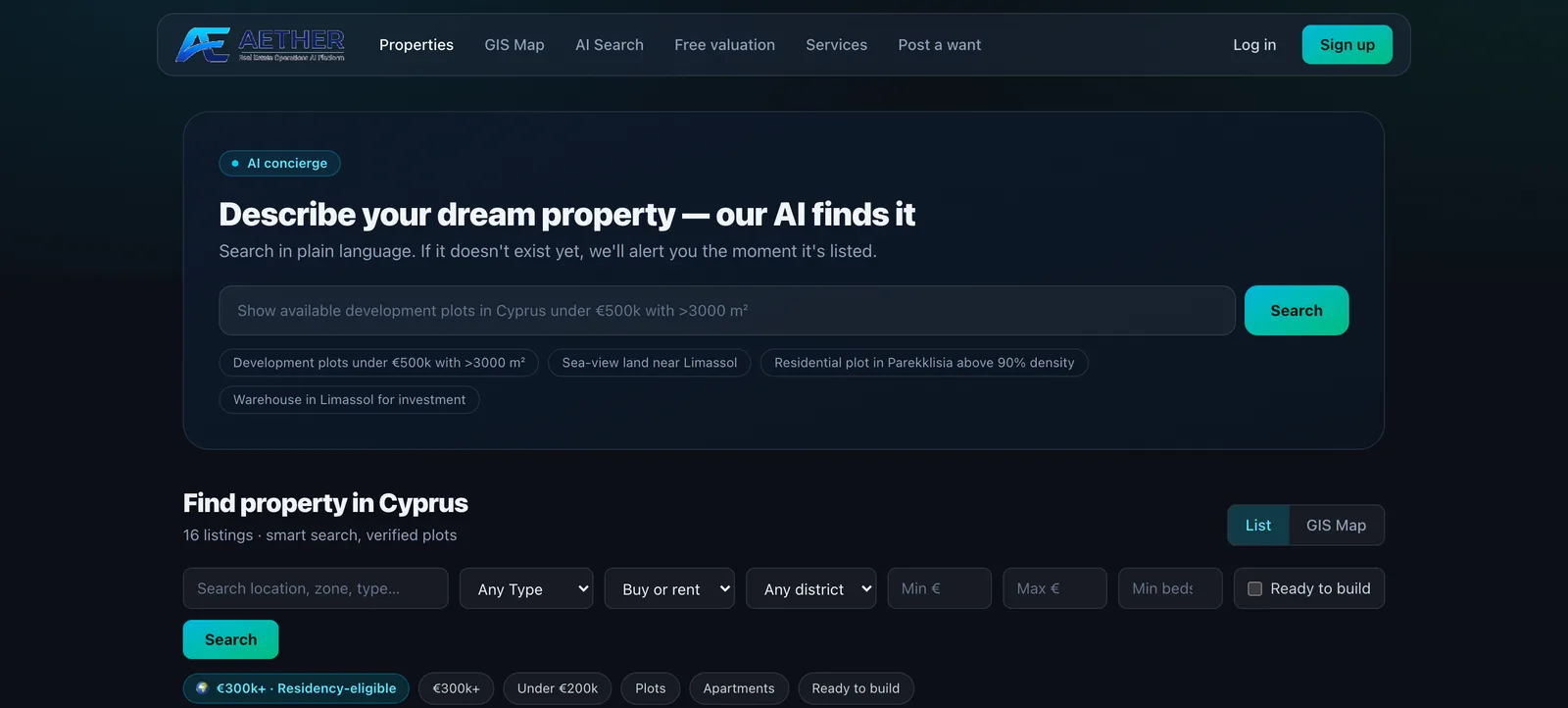 Aether marketplace with AI property search and listing filters