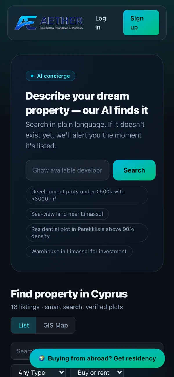 Aether marketplace on a phone with natural-language property search
