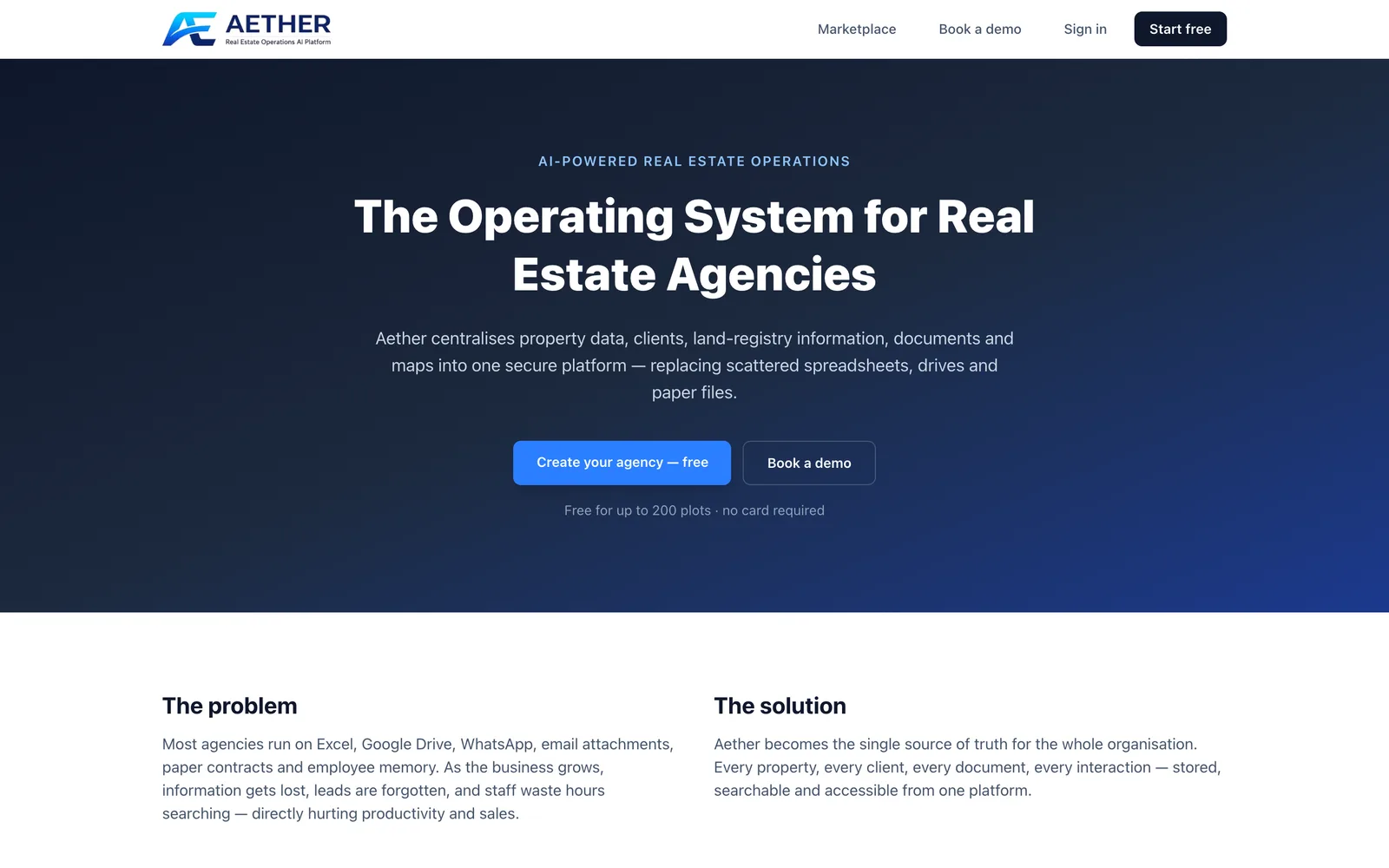 Aether website: “The Operating System for Real Estate Agencies”