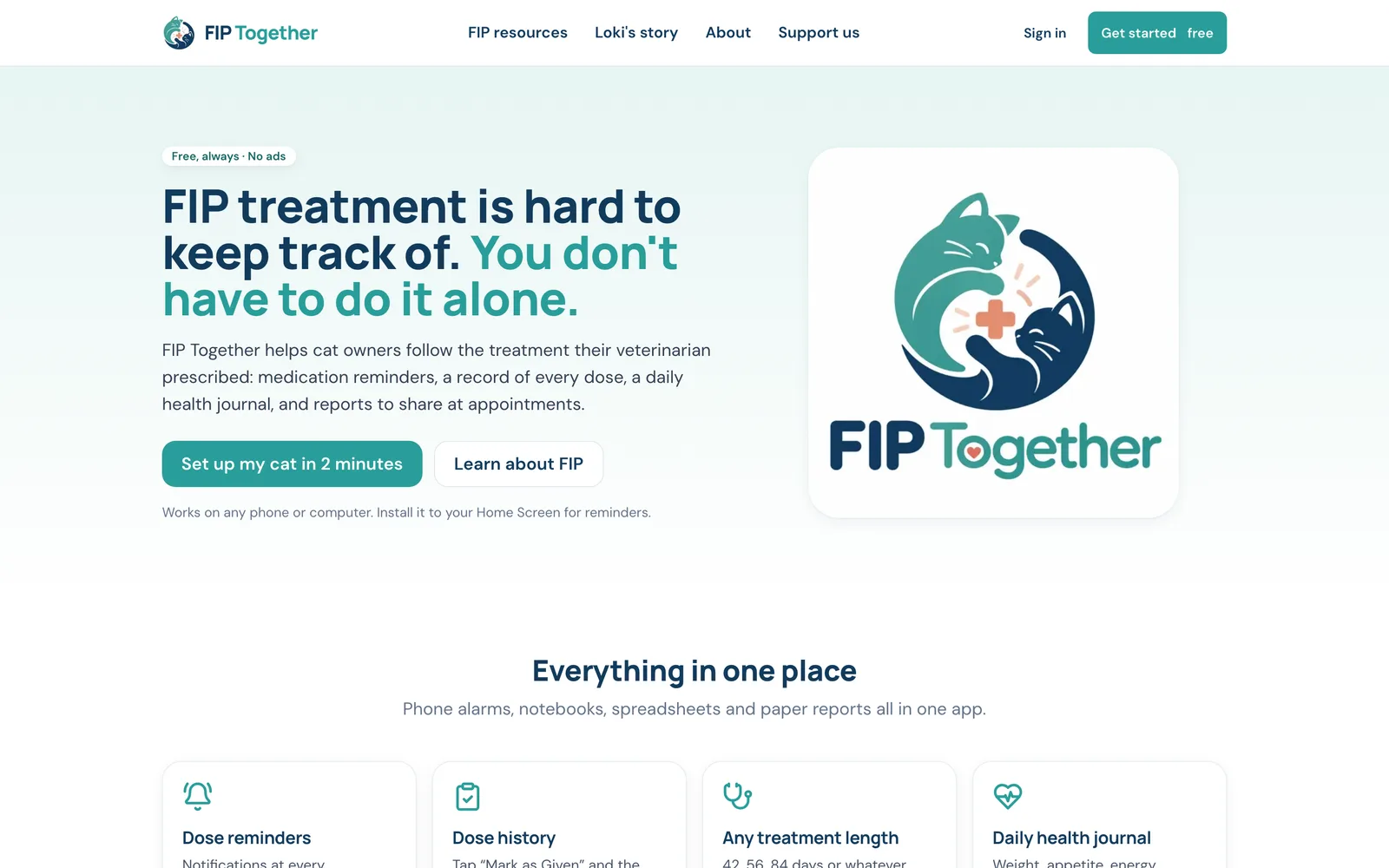 FIP Together home page: “FIP treatment is hard to keep track of. You don't have to do it alone.”