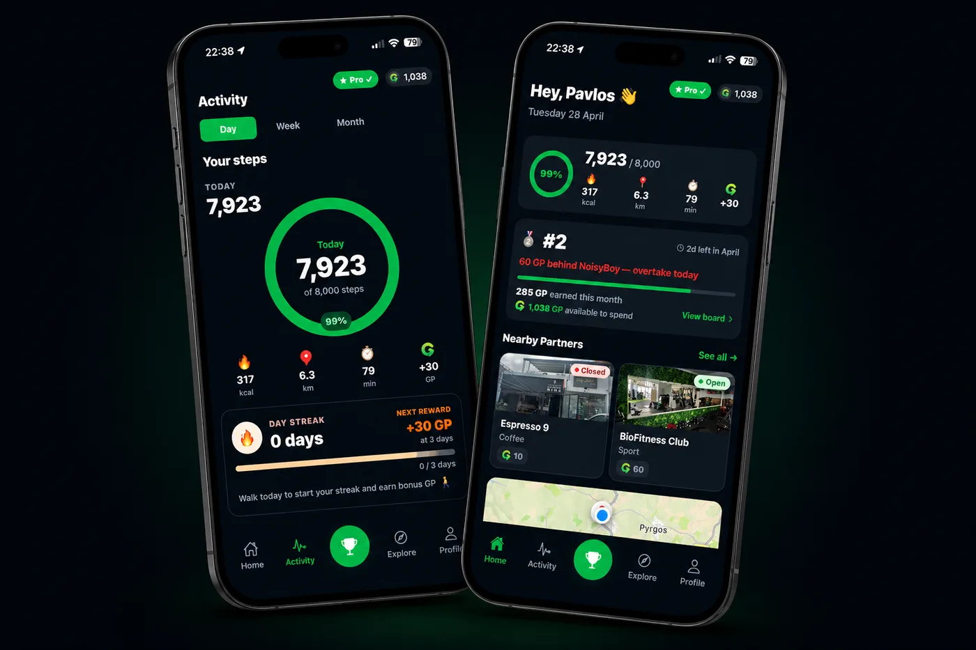 Two Goovo app screens: daily step activity and the home screen with leaderboard position and nearby partners