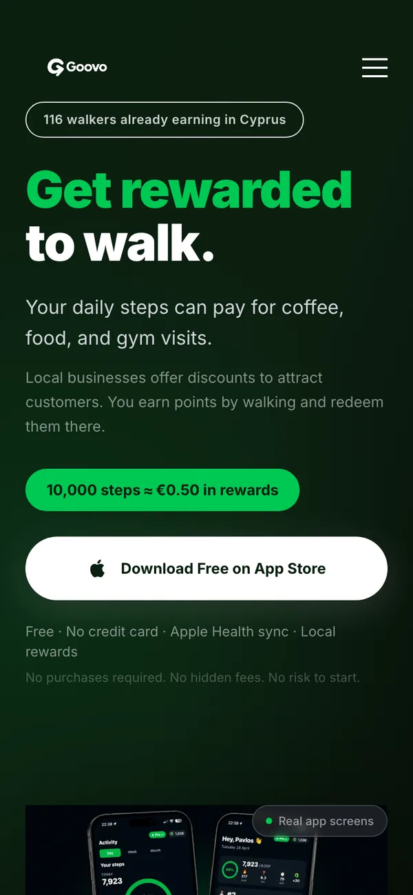 Goovo website on a phone: “Get rewarded to walk.”