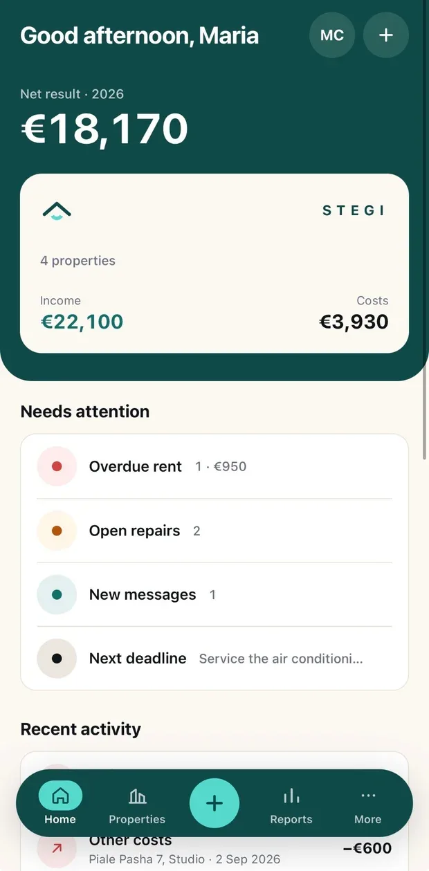 Stegi app home screen showing net result, income, costs and items needing attention