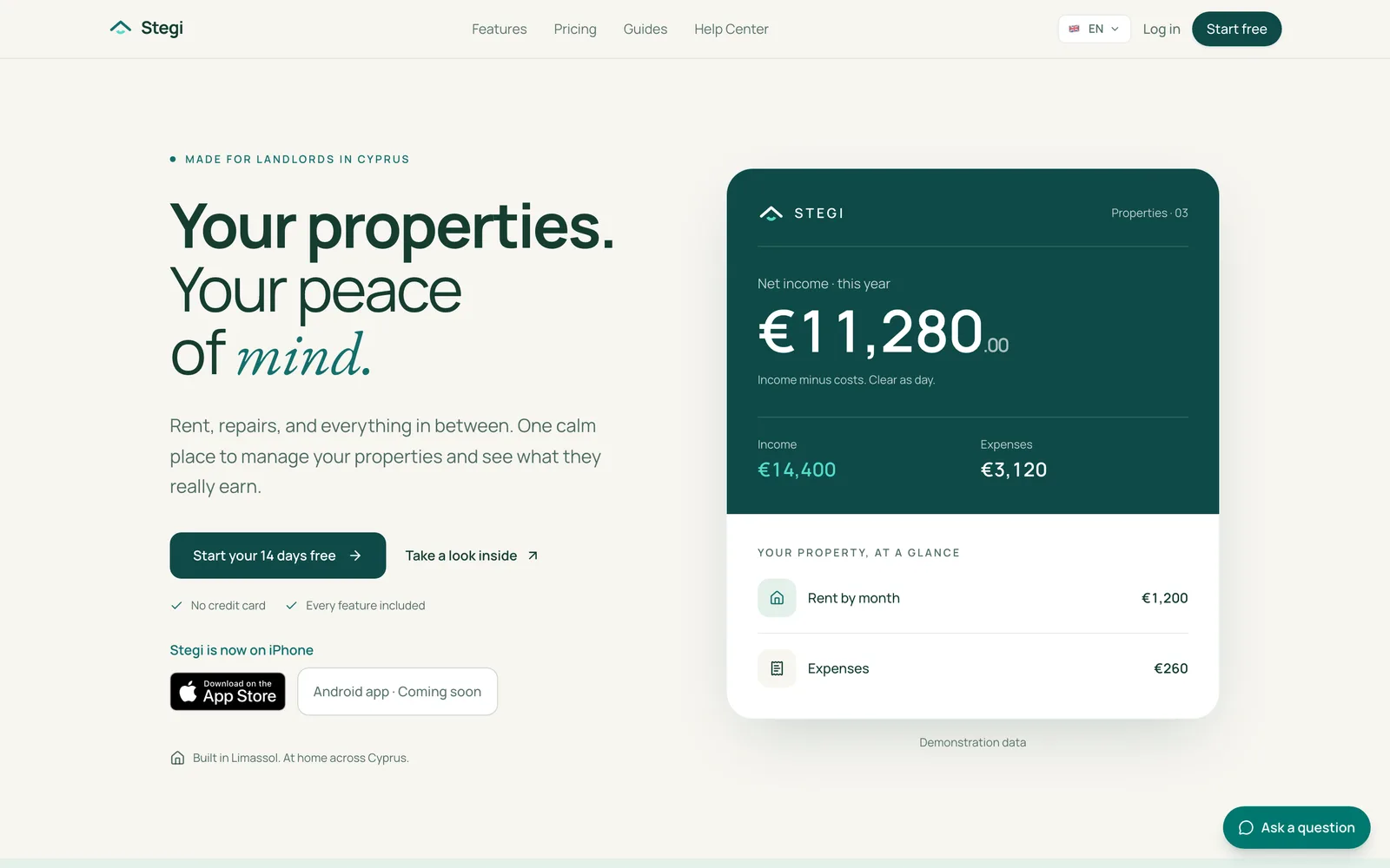 Stegi website home page with the headline “Your properties. Your peace of mind.”